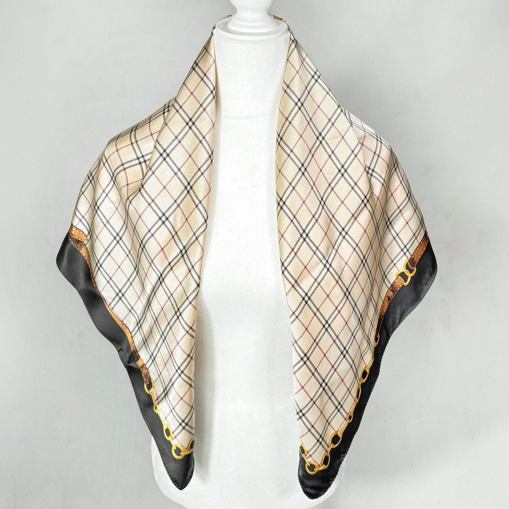 VTG 90s Petite Sophisticate Scarf 100% Silk Plaid Equestrian Chain Print